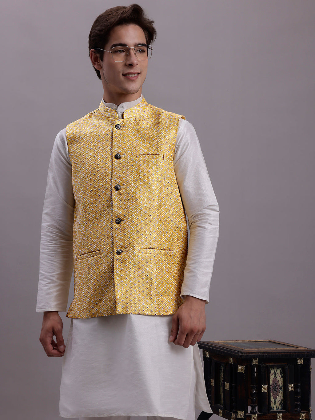 Jompers Men's Golden Woven Design Nehru Jacket With Solid Kurta Pyjama | Grocsy