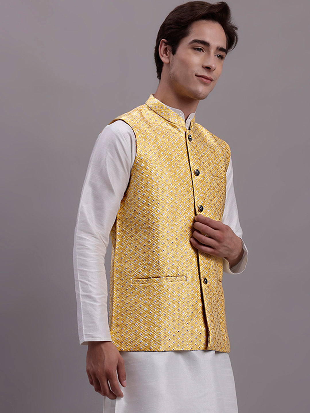 Jompers Men's Golden Woven Design Nehru Jacket With Solid Kurta Pyjama | Grocsy
