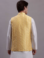 Jompers Men's Golden Woven Design Nehru Jacket With Solid Kurta Pyjama | Grocsy