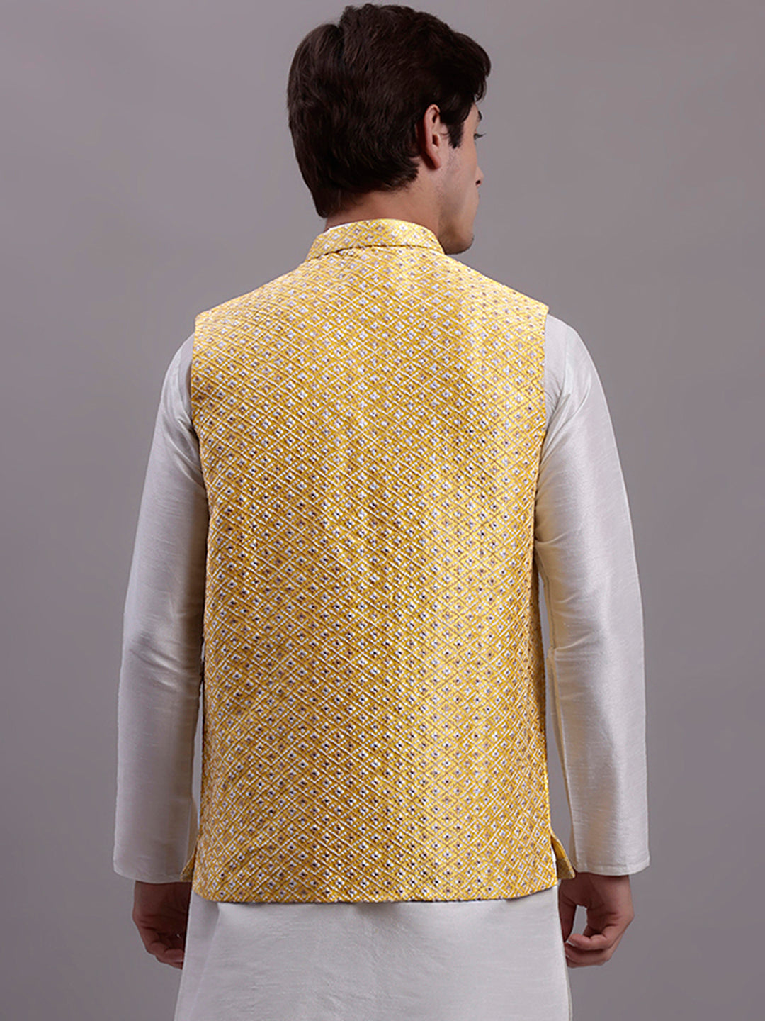 Jompers Men's Golden Woven Design Nehru Jacket With Solid Kurta Pyjama | Grocsy