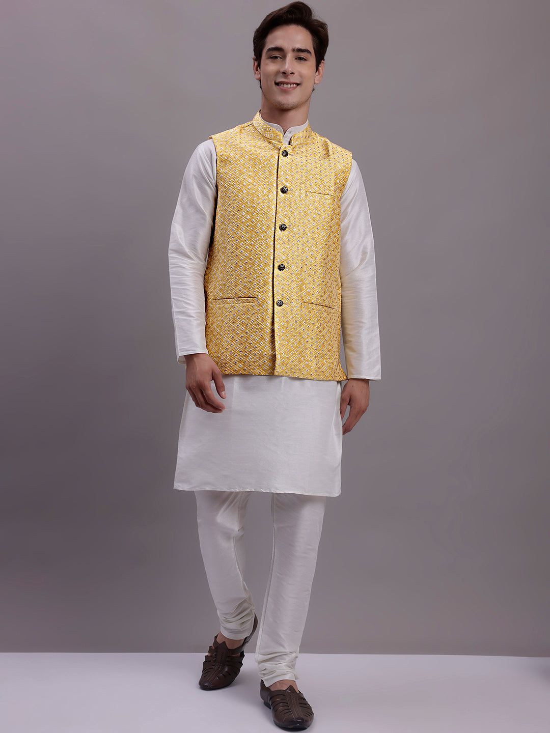 Jompers Men's Golden Woven Design Nehru Jacket With Solid Kurta Pyjama | Grocsy