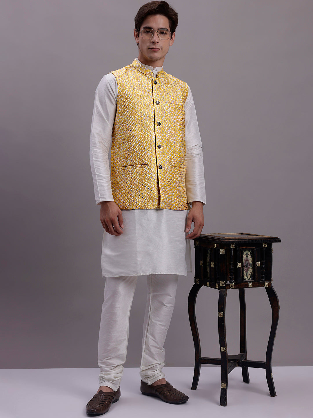 Jompers Men's Golden Woven Design Nehru Jacket With Solid Kurta Pyjama | Grocsy