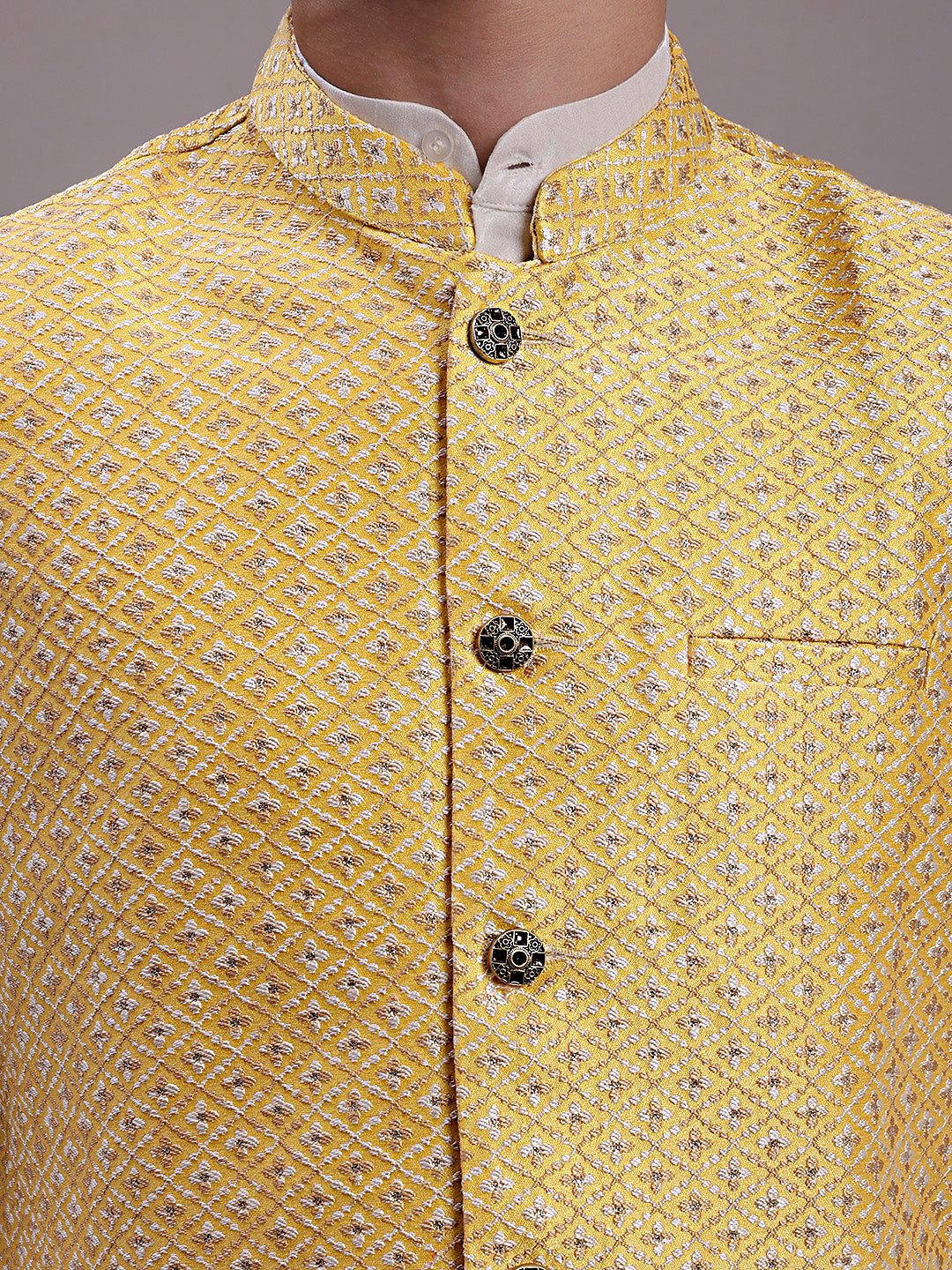 Jompers Men's Golden Woven Design Nehru Jacket With Solid Kurta Pyjama | Grocsy
