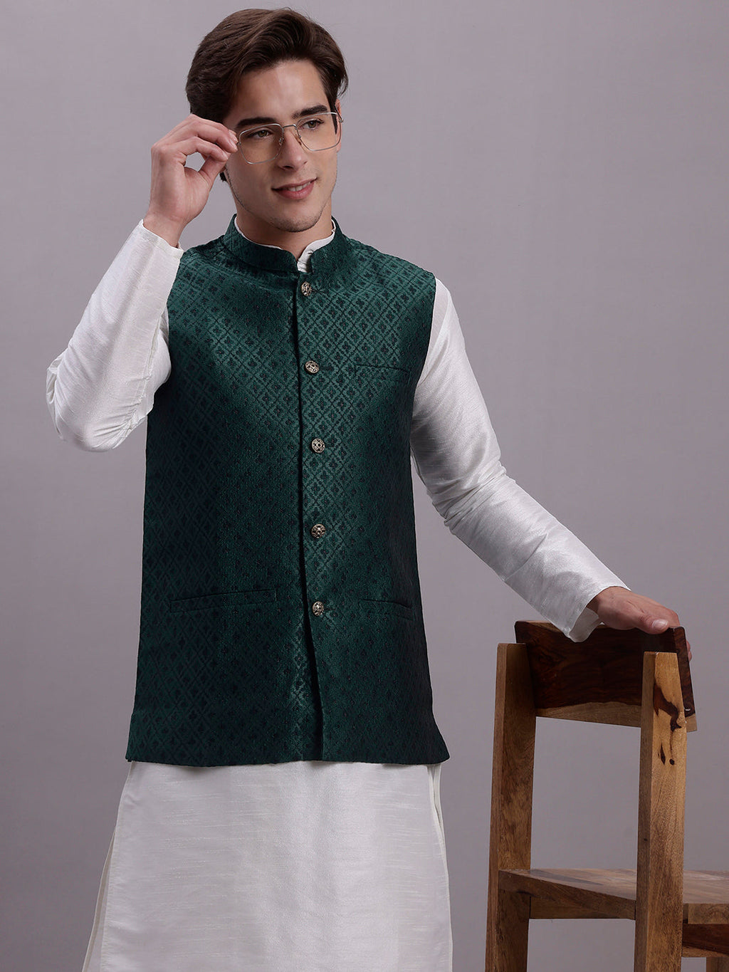 Jompers Men's Olive Green Woven Design Nehru Jacket With Solid Kurta Pyjama | Grocsy