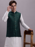Jompers Men's Olive Green Woven Design Nehru Jacket With Solid Kurta Pyjama | Grocsy