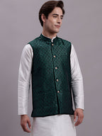 Jompers Men's Olive Green Woven Design Nehru Jacket With Solid Kurta Pyjama | Grocsy