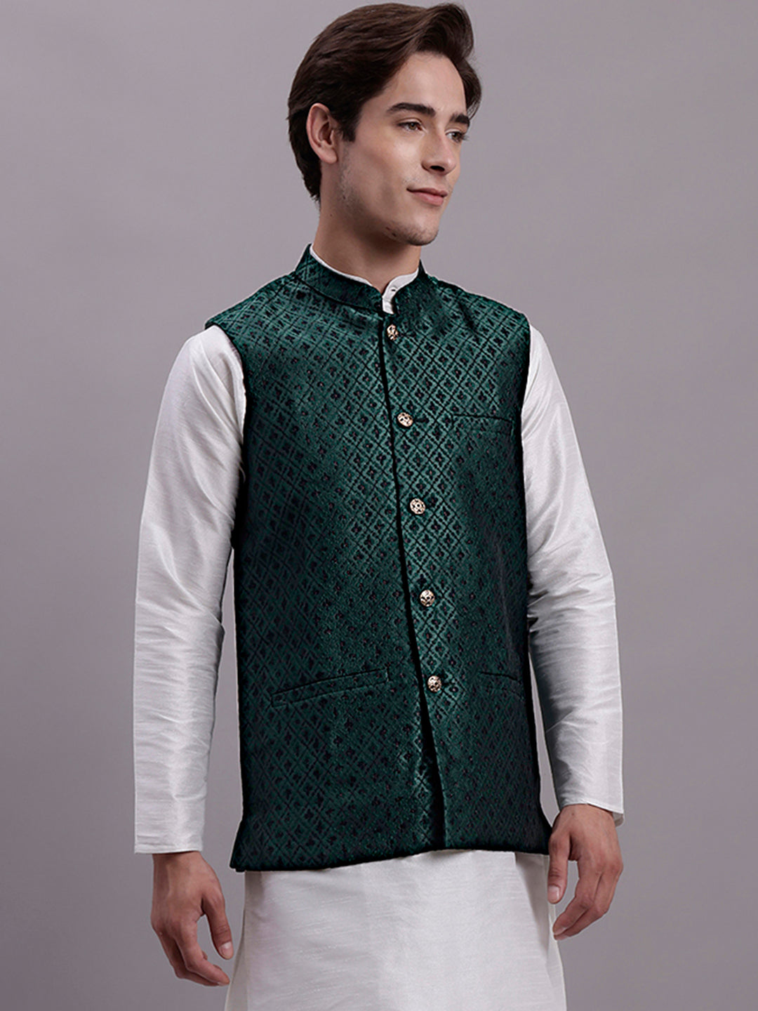 Jompers Men's Olive Green Woven Design Nehru Jacket With Solid Kurta Pyjama | Grocsy