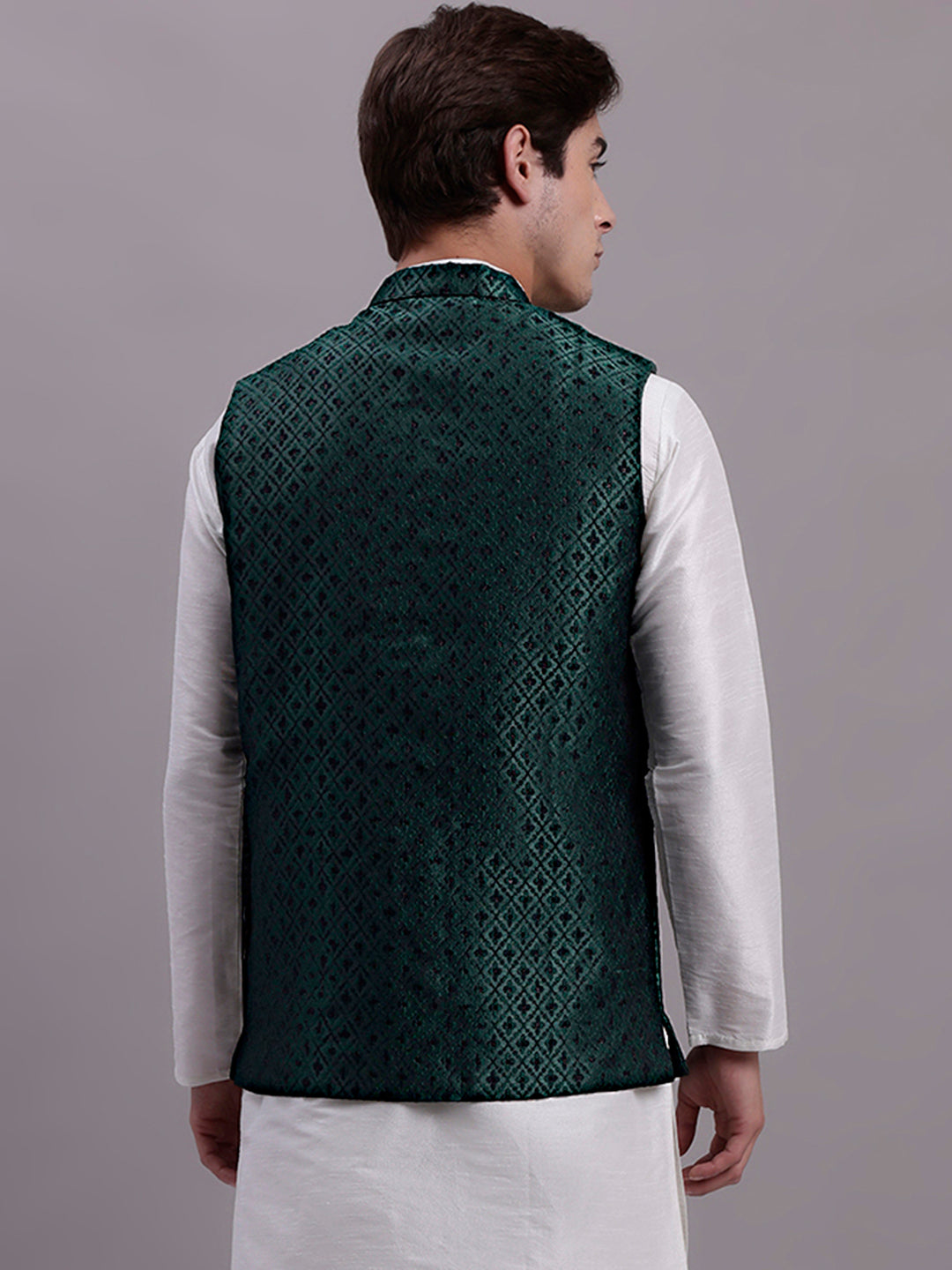 Jompers Men's Olive Green Woven Design Nehru Jacket With Solid Kurta Pyjama | Grocsy