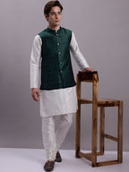Jompers Men's Olive Green Woven Design Nehru Jacket With Solid Kurta Pyjama | Grocsy