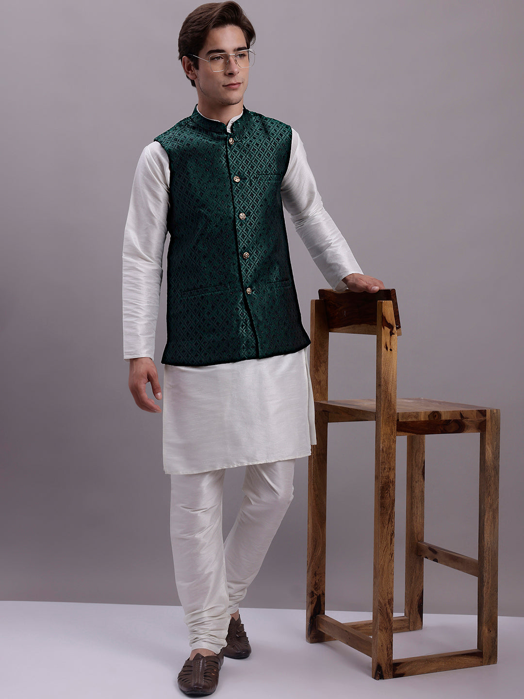 Jompers Men's Olive Green Woven Design Nehru Jacket With Solid Kurta Pyjama | Grocsy