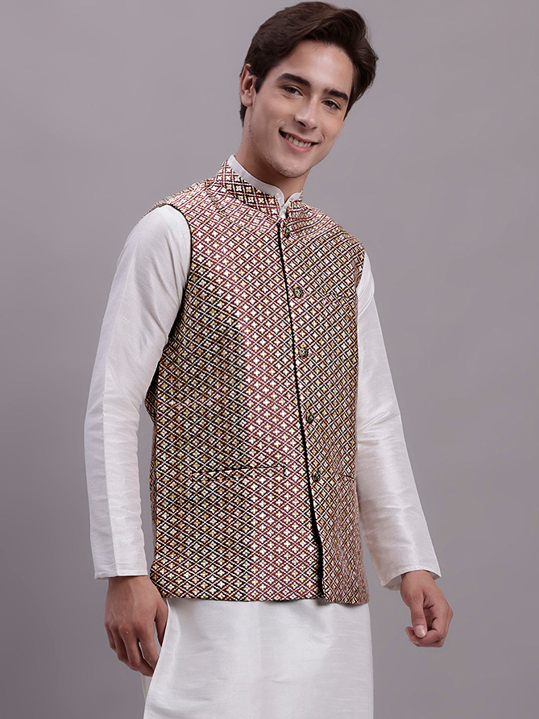 Jompers Men's Peach Woven Design Nehru Jacket With Solid Kurta Pyjama | Grocsy