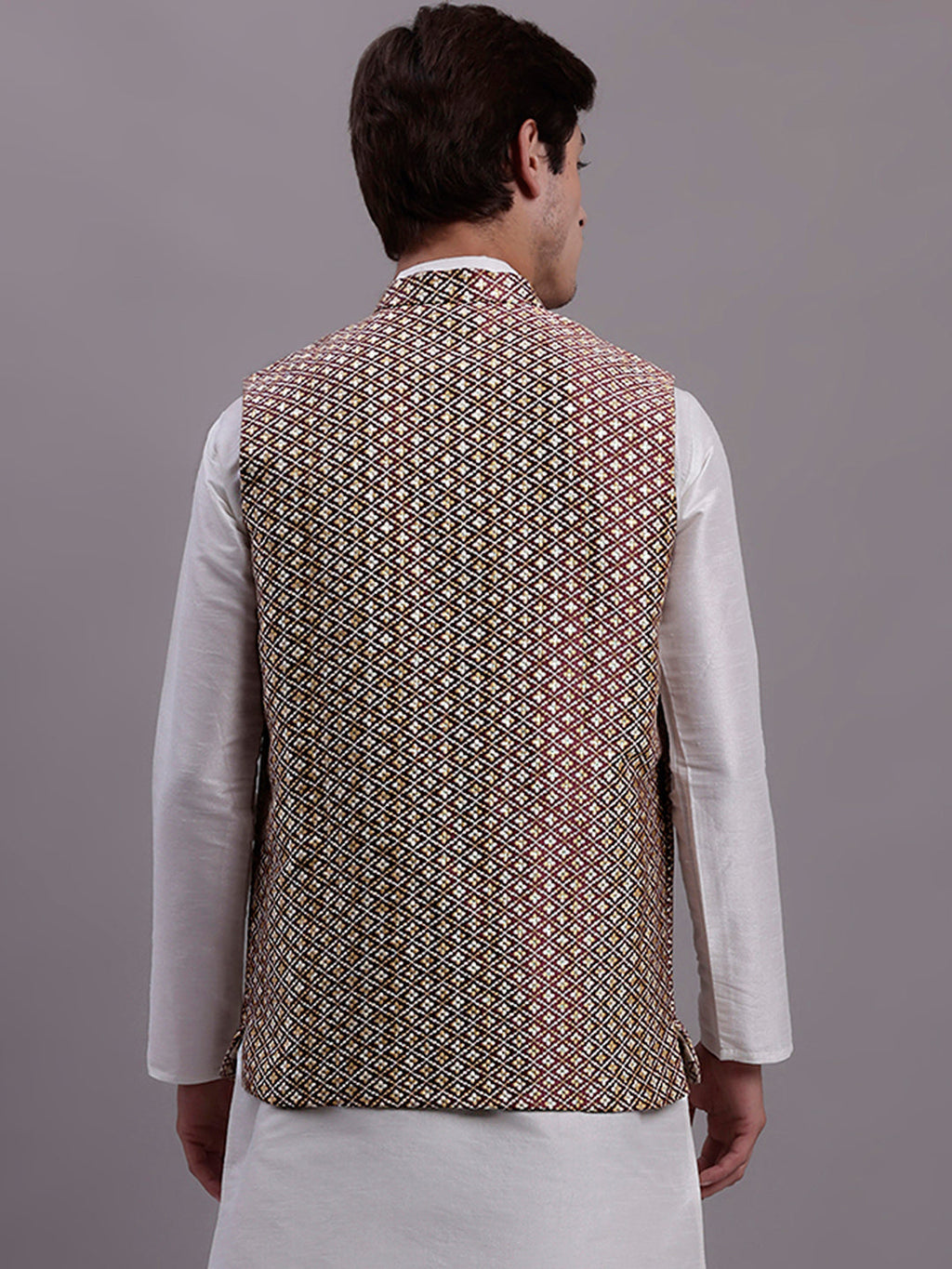 Jompers Men's Peach Woven Design Nehru Jacket With Solid Kurta Pyjama | Grocsy