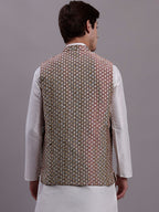 Jompers Men's Peach Woven Design Nehru Jacket With Solid Kurta Pyjama | Grocsy