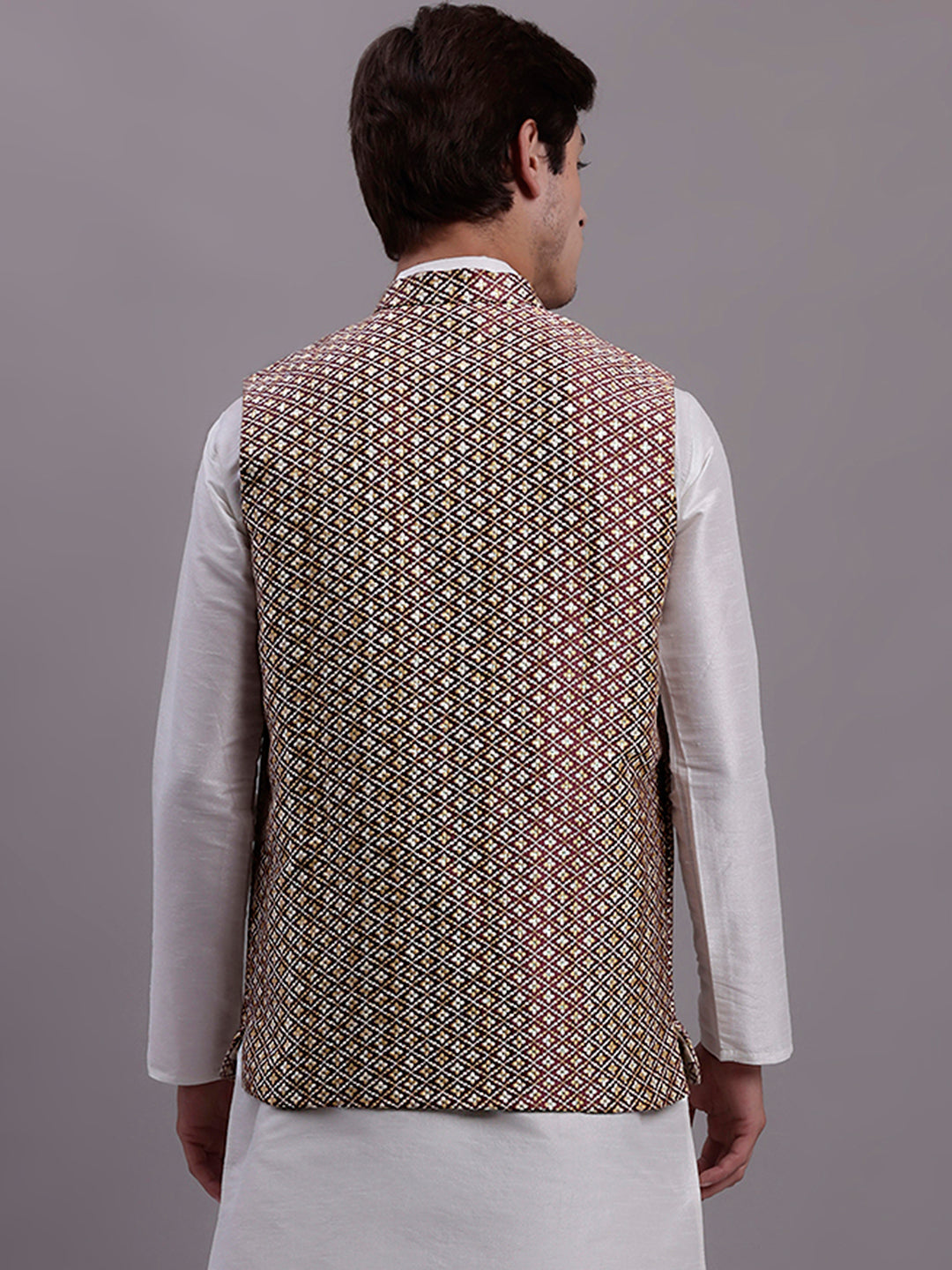Jompers Men's Peach Woven Design Nehru Jacket With Solid Kurta Pyjama | Grocsy