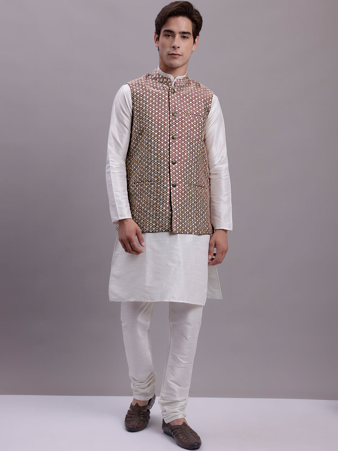 Jompers Men's Peach Woven Design Nehru Jacket With Solid Kurta Pyjama | Grocsy