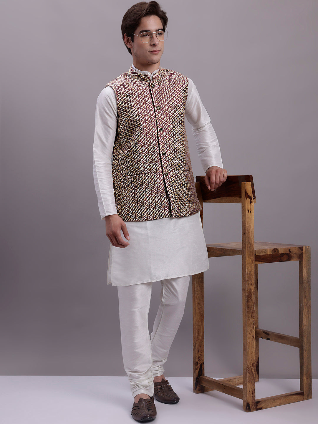 Jompers Men's Peach Woven Design Nehru Jacket With Solid Kurta Pyjama | Grocsy