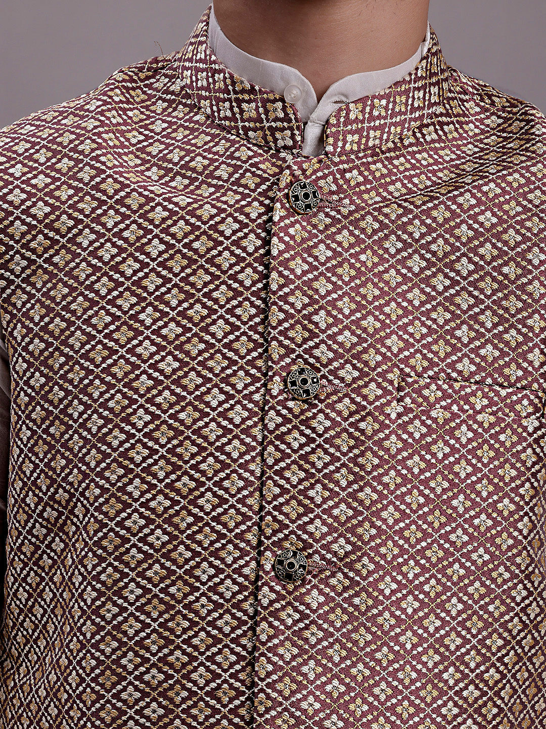 Jompers Men's Peach Woven Design Nehru Jacket With Solid Kurta Pyjama | Grocsy