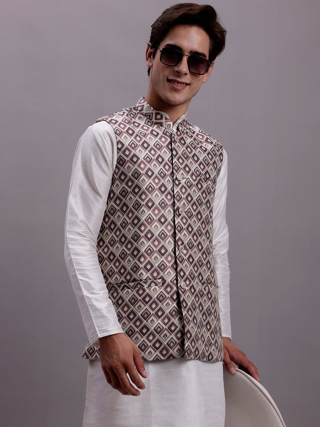 Jompers Men's Purple Woven Design Nehru Jacket With Solid Kurta Pyjama | Grocsy