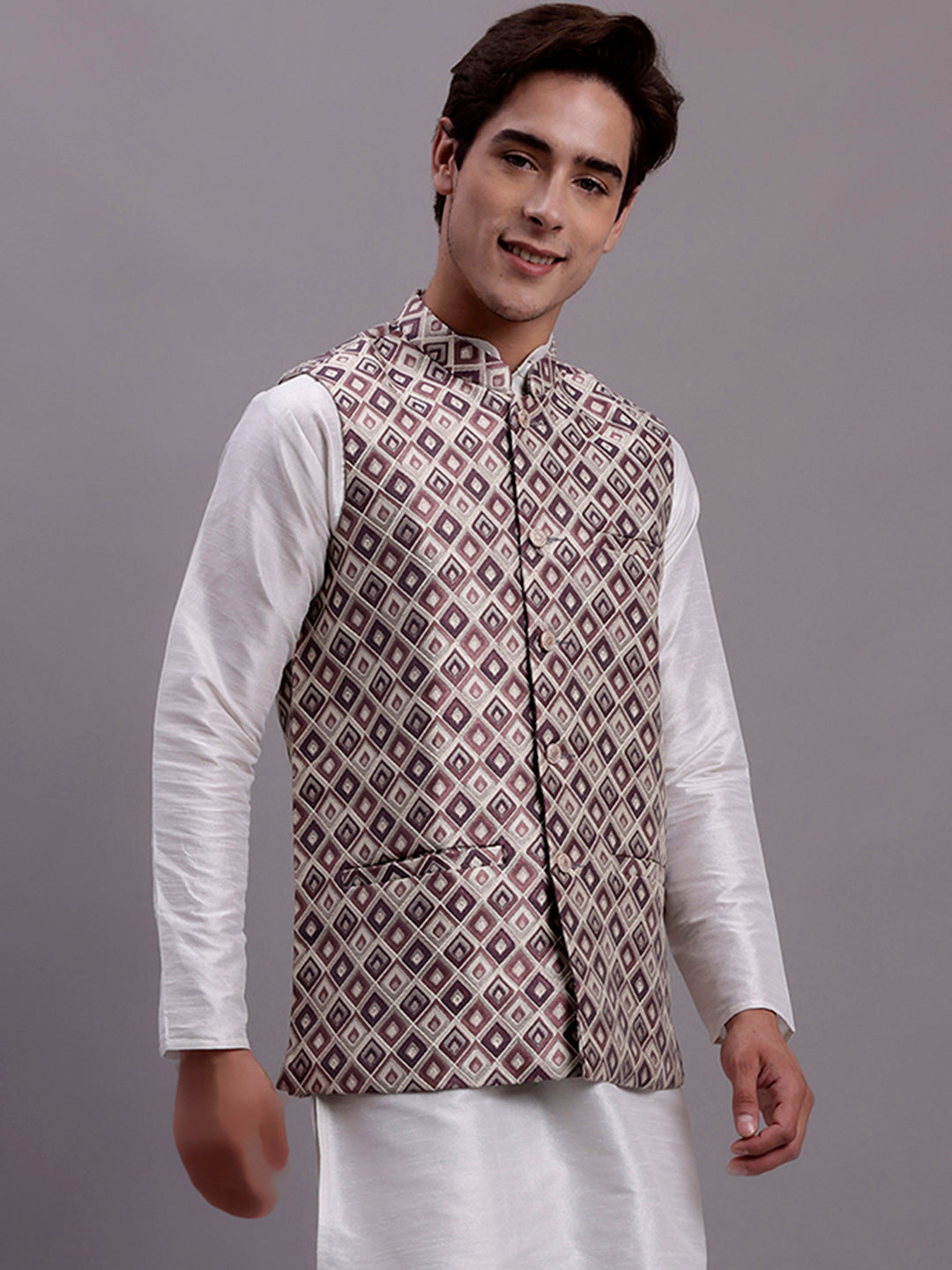 Jompers Men's Purple Woven Design Nehru Jacket With Solid Kurta Pyjama | Grocsy