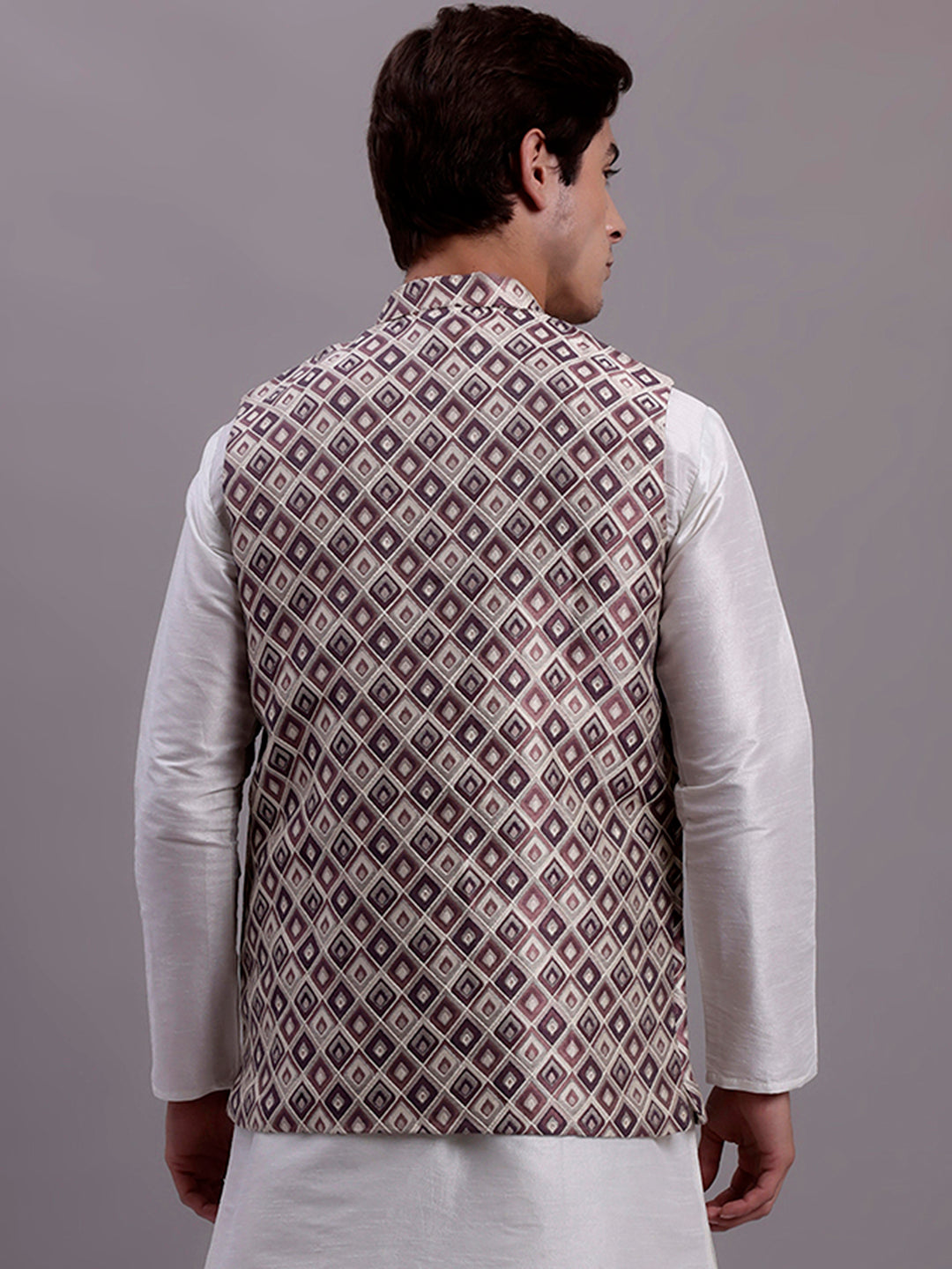 Jompers Men's Purple Woven Design Nehru Jacket With Solid Kurta Pyjama | Grocsy