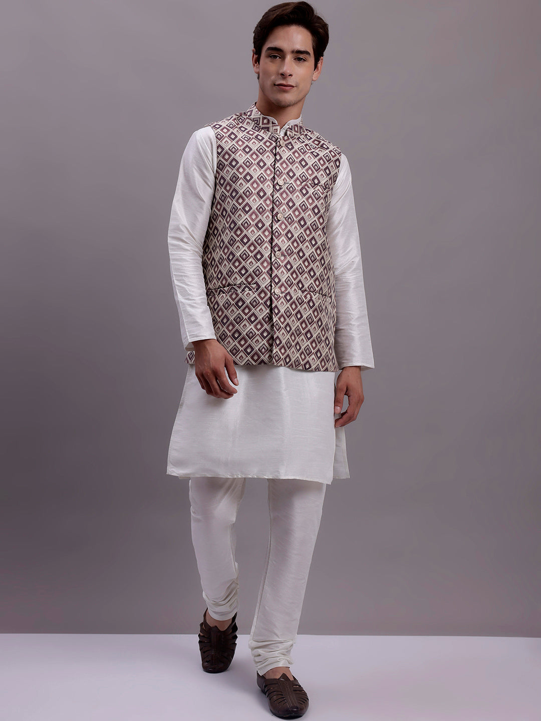 Jompers Men's Purple Woven Design Nehru Jacket With Solid Kurta Pyjama | Grocsy