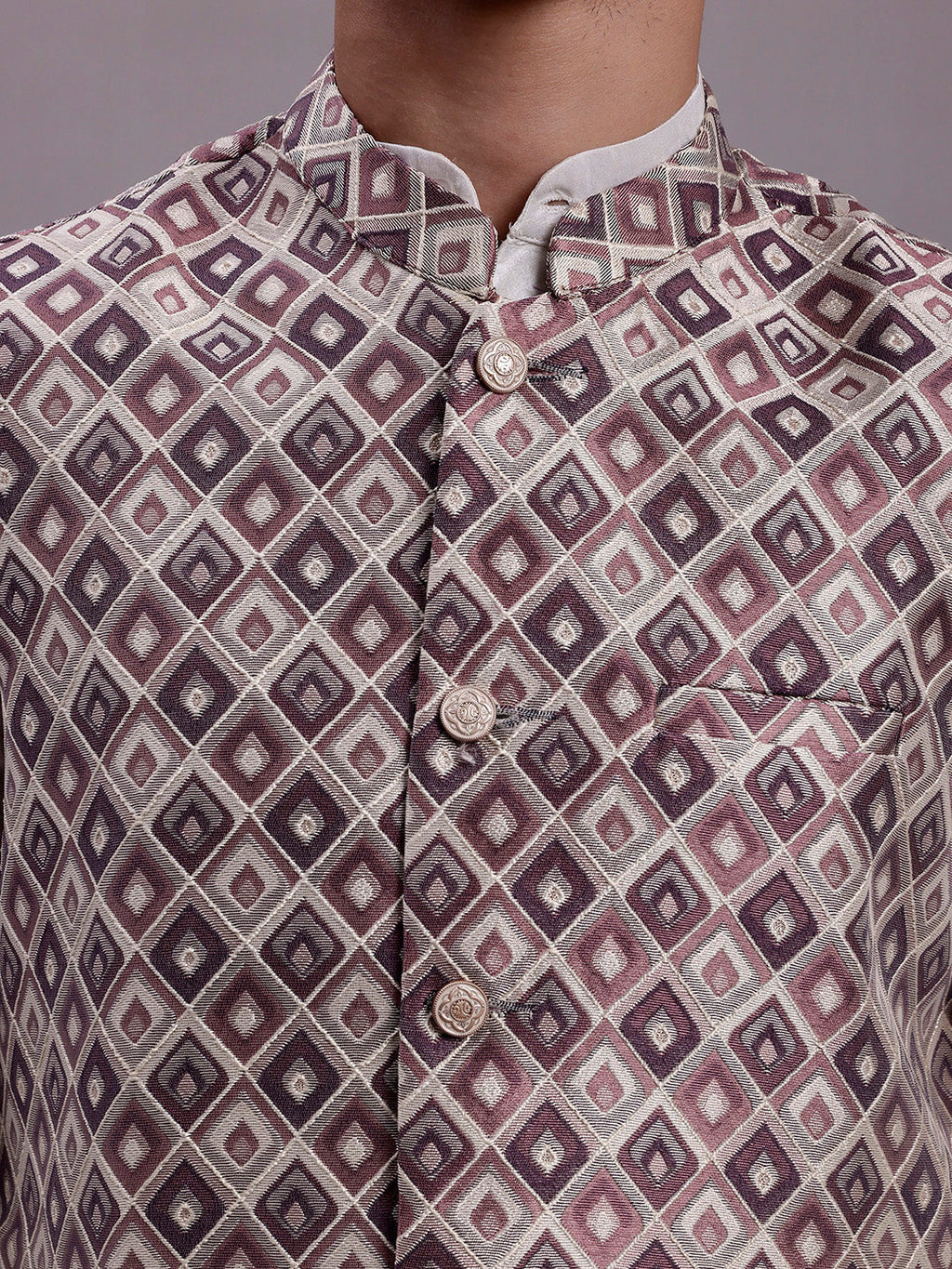 Jompers Men's Purple Woven Design Nehru Jacket With Solid Kurta Pyjama | Grocsy
