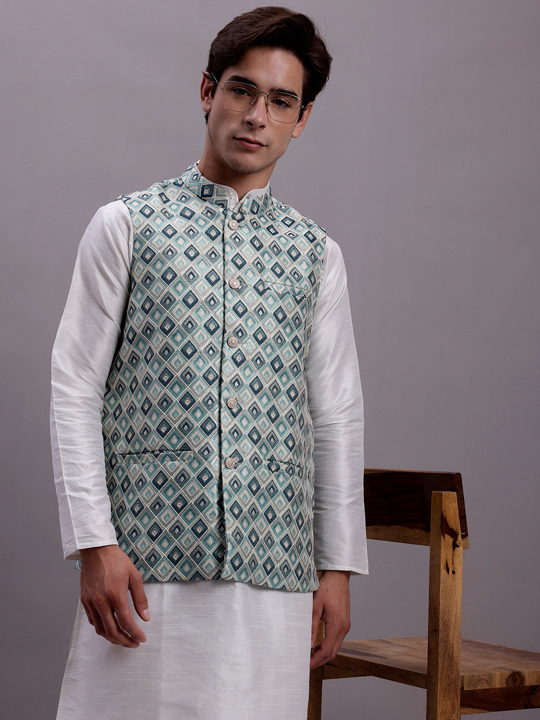 Jompers Men's Turquoise Blue Woven Design Nehru Jacket With Solid Kurta Pyjama | Grocsy