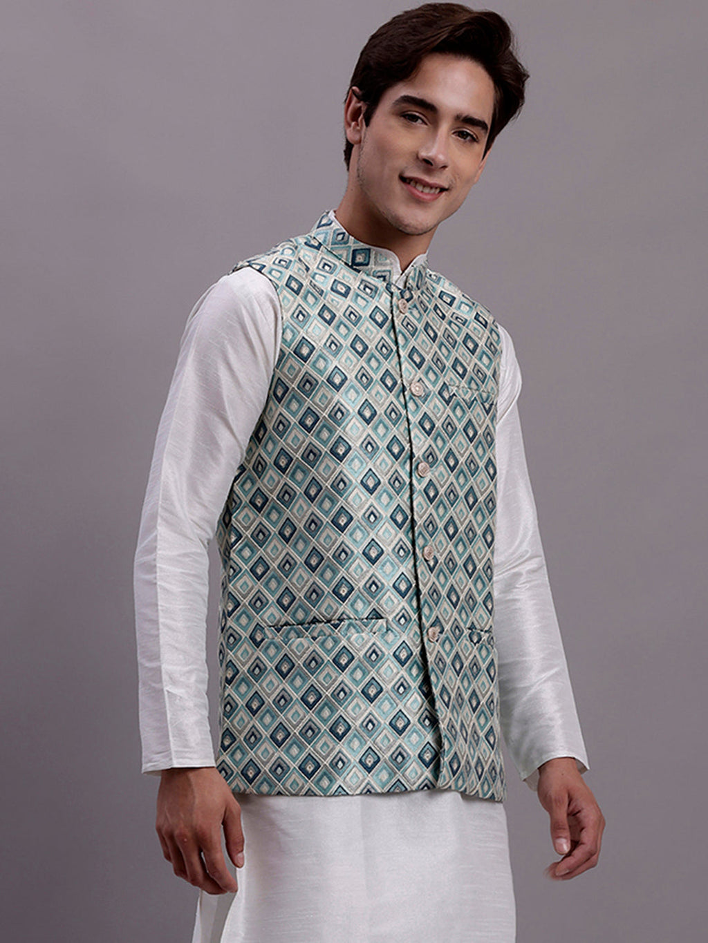 Jompers Men's Turquoise Blue Woven Design Nehru Jacket With Solid Kurta Pyjama | Grocsy