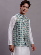 Jompers Men's Turquoise Blue Woven Design Nehru Jacket With Solid Kurta Pyjama | Grocsy