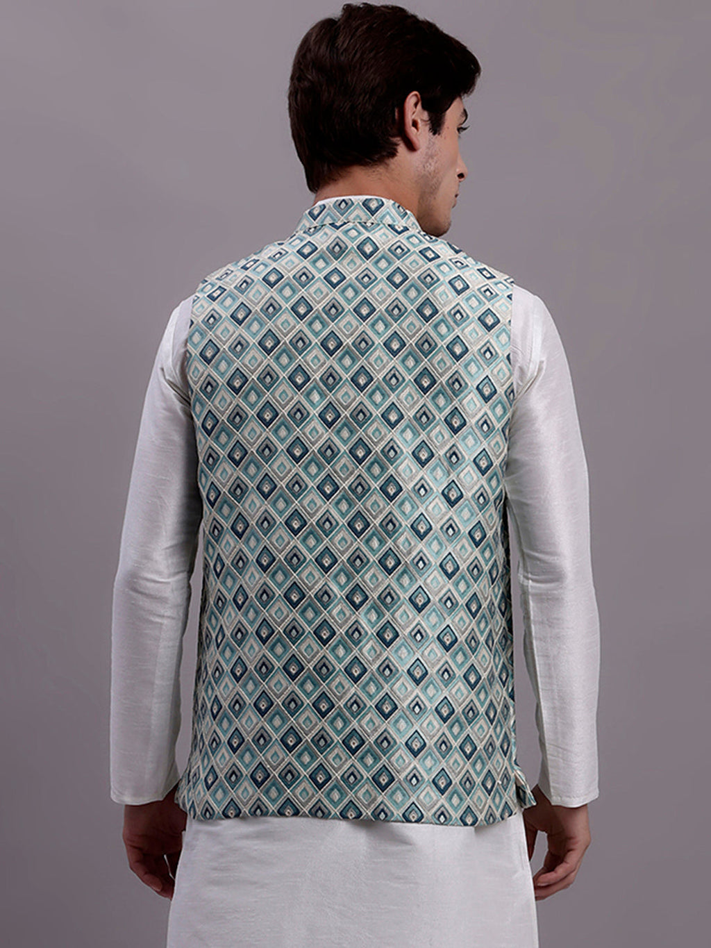 Jompers Men's Turquoise Blue Woven Design Nehru Jacket With Solid Kurta Pyjama | Grocsy