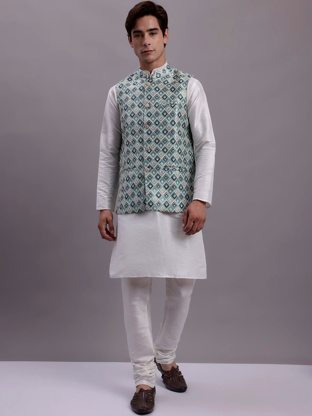 Jompers Men's Turquoise Blue Woven Design Nehru Jacket With Solid Kurta Pyjama | Grocsy