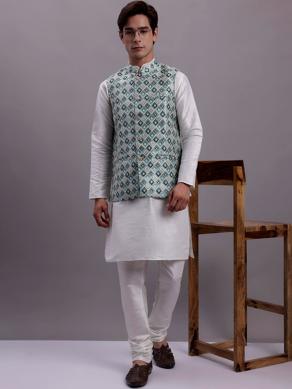 Jompers Men's Turquoise Blue Woven Design Nehru Jacket With Solid Kurta Pyjama | Grocsy
