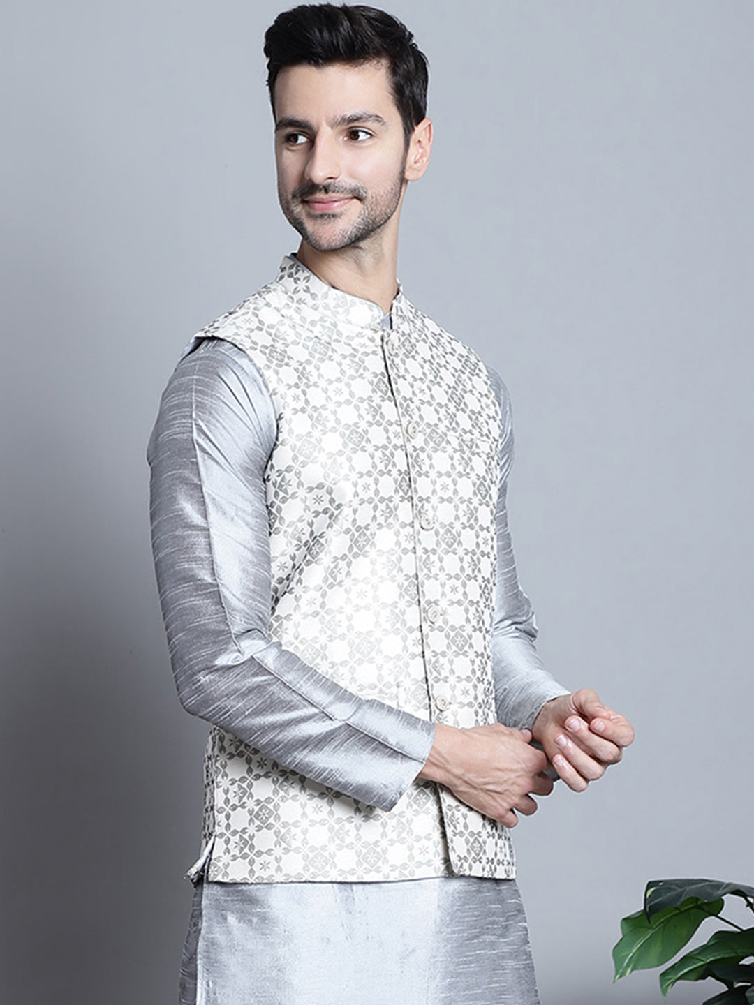 Jompers Men's Woven Design Nehru Jacket - Cream | Grocsy
