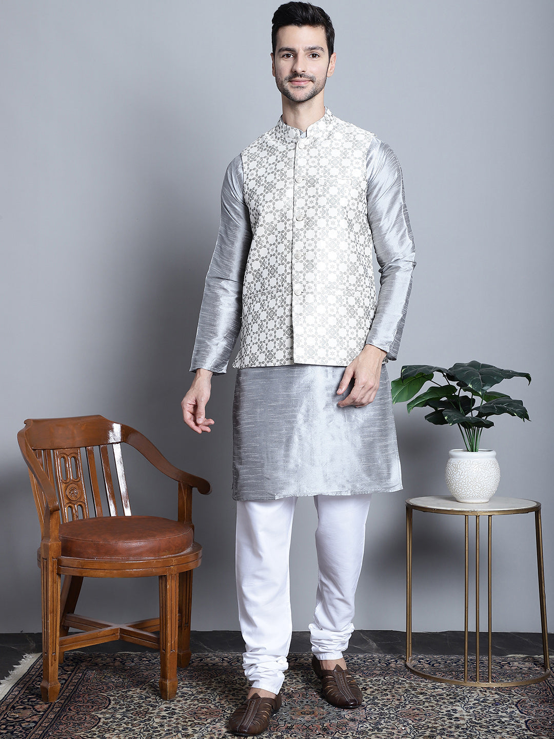 Jompers Men's Woven Design Nehru Jacket - Cream | Grocsy
