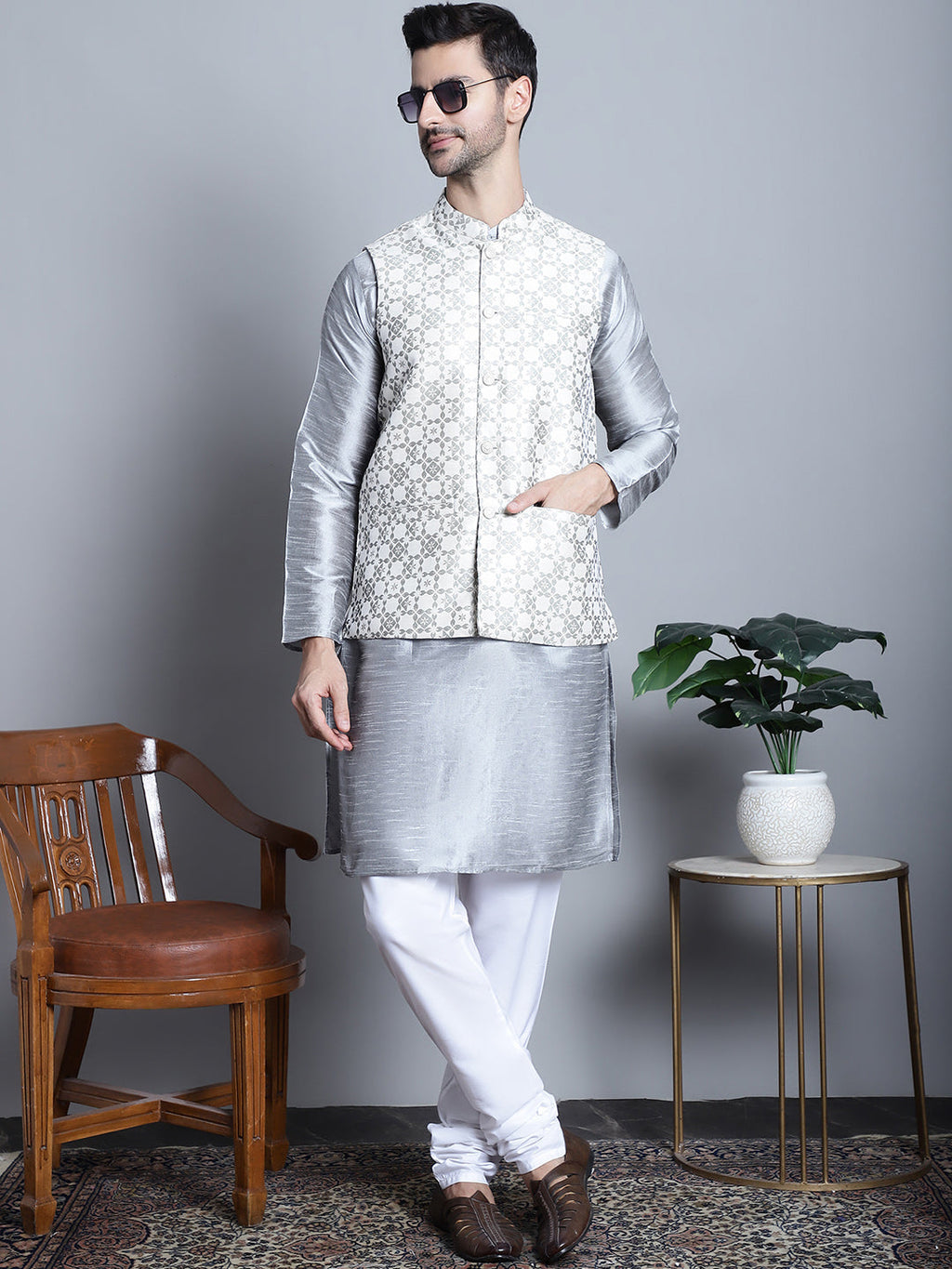 Jompers Men's Woven Design Nehru Jacket - Cream | Grocsy