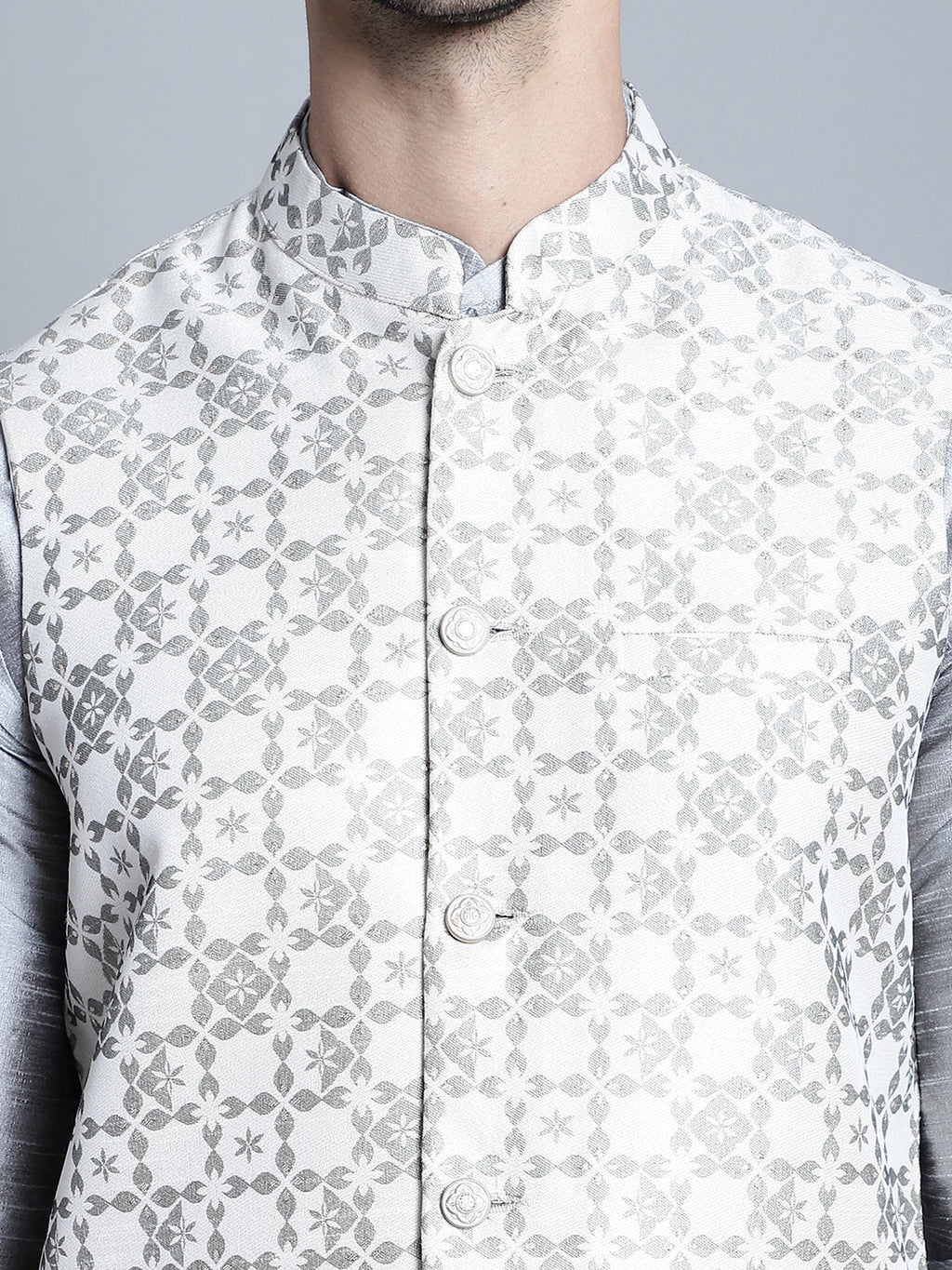 Jompers Men's Woven Design Nehru Jacket - Cream | Grocsy