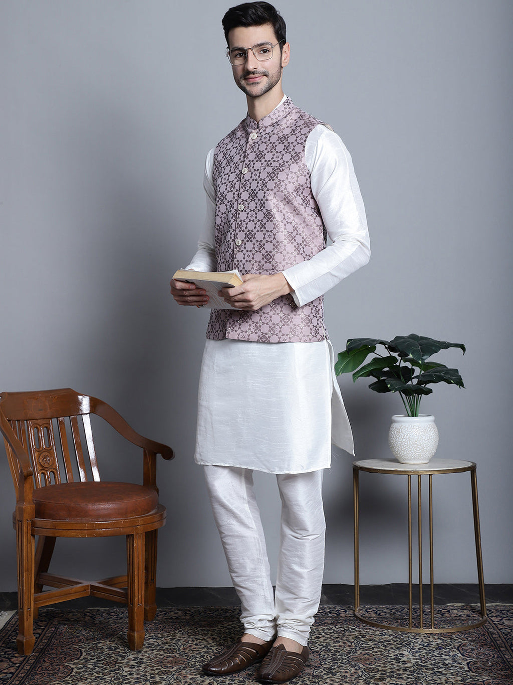 Jompers Men's Woven Design Nehru Jacket - Magenta | Grocsy