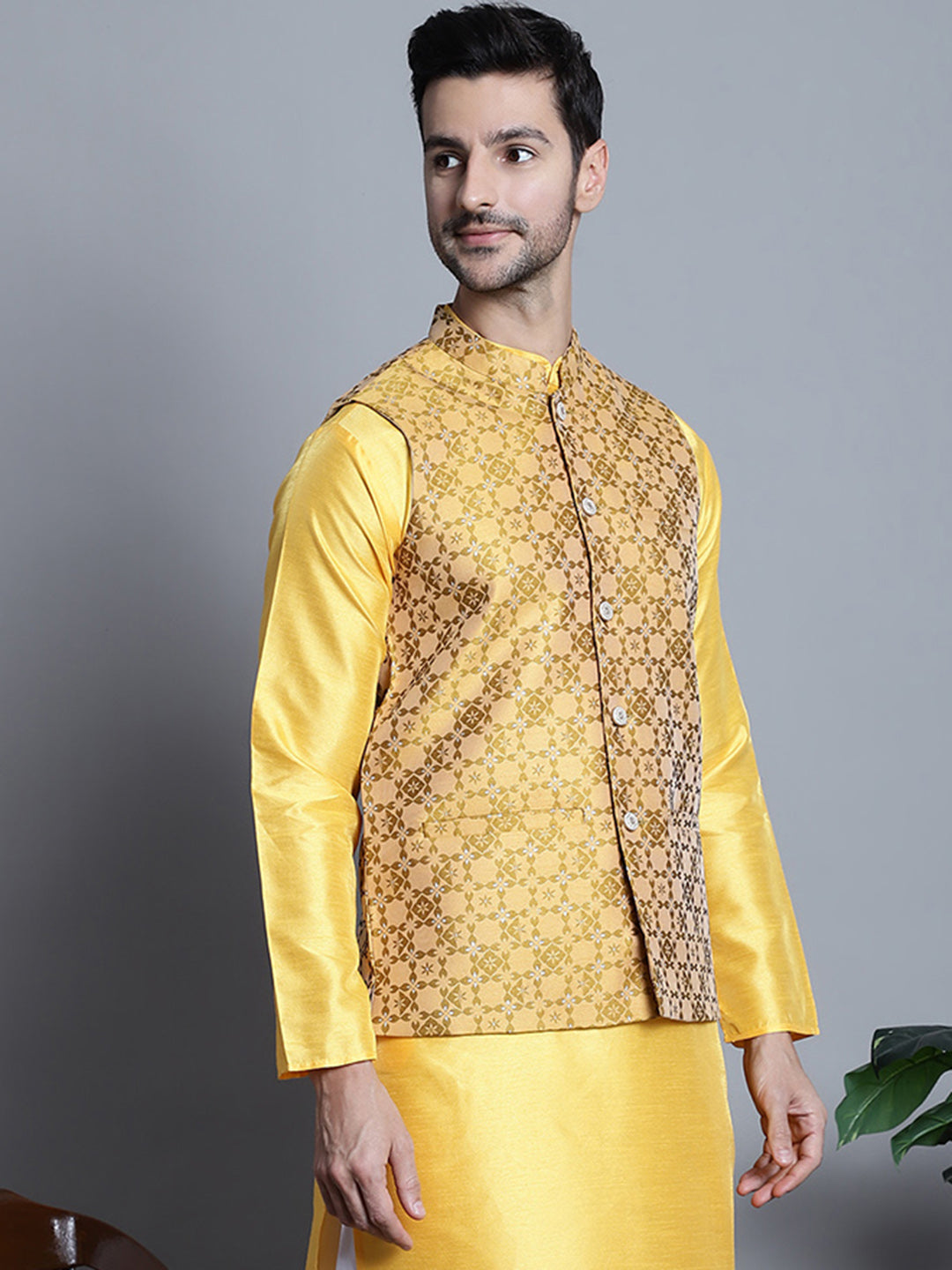 Jompers Men's Woven Design Nehru Jacket - Mustard | Grocsy