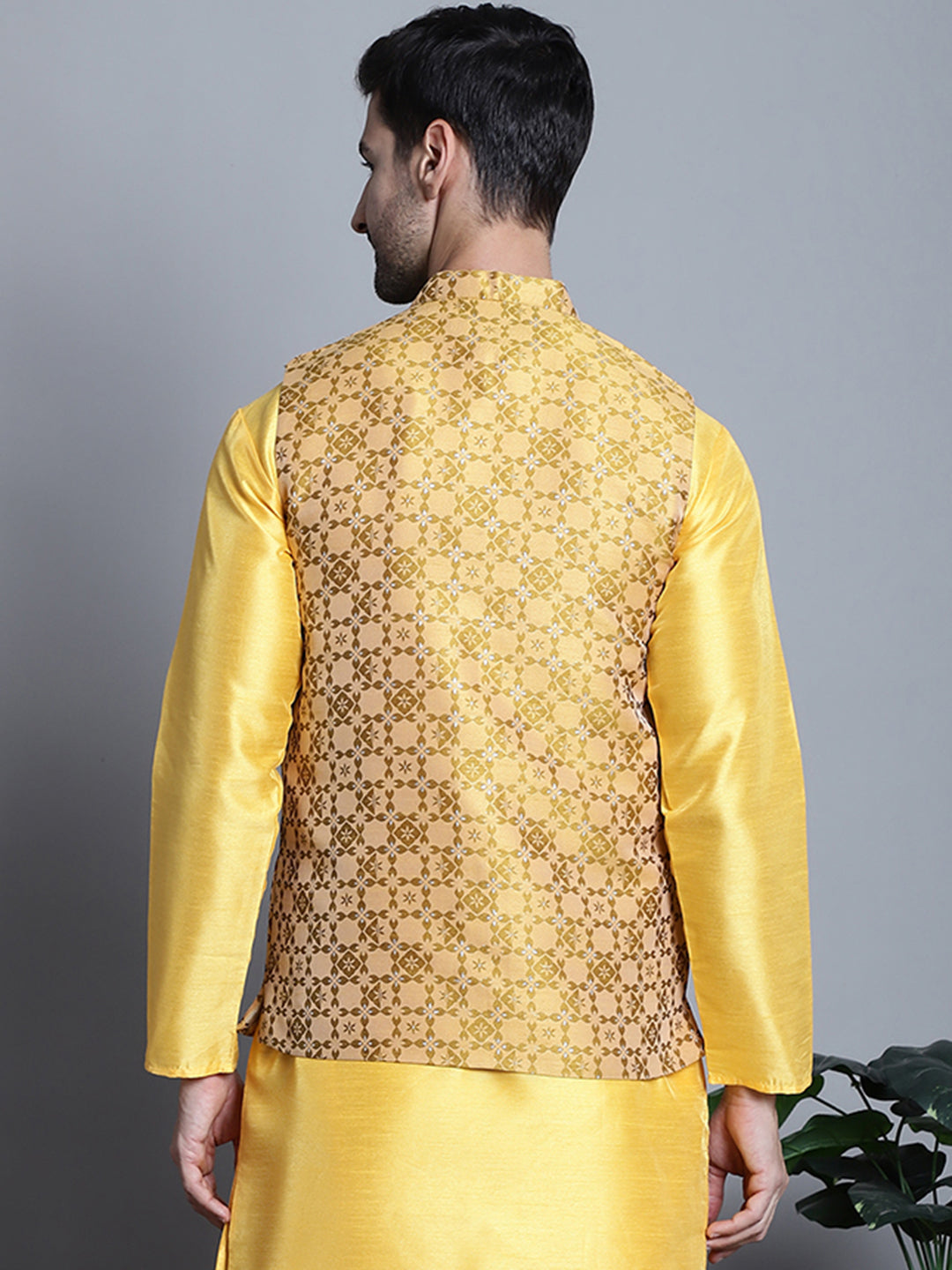Jompers Men's Woven Design Nehru Jacket - Mustard | Grocsy