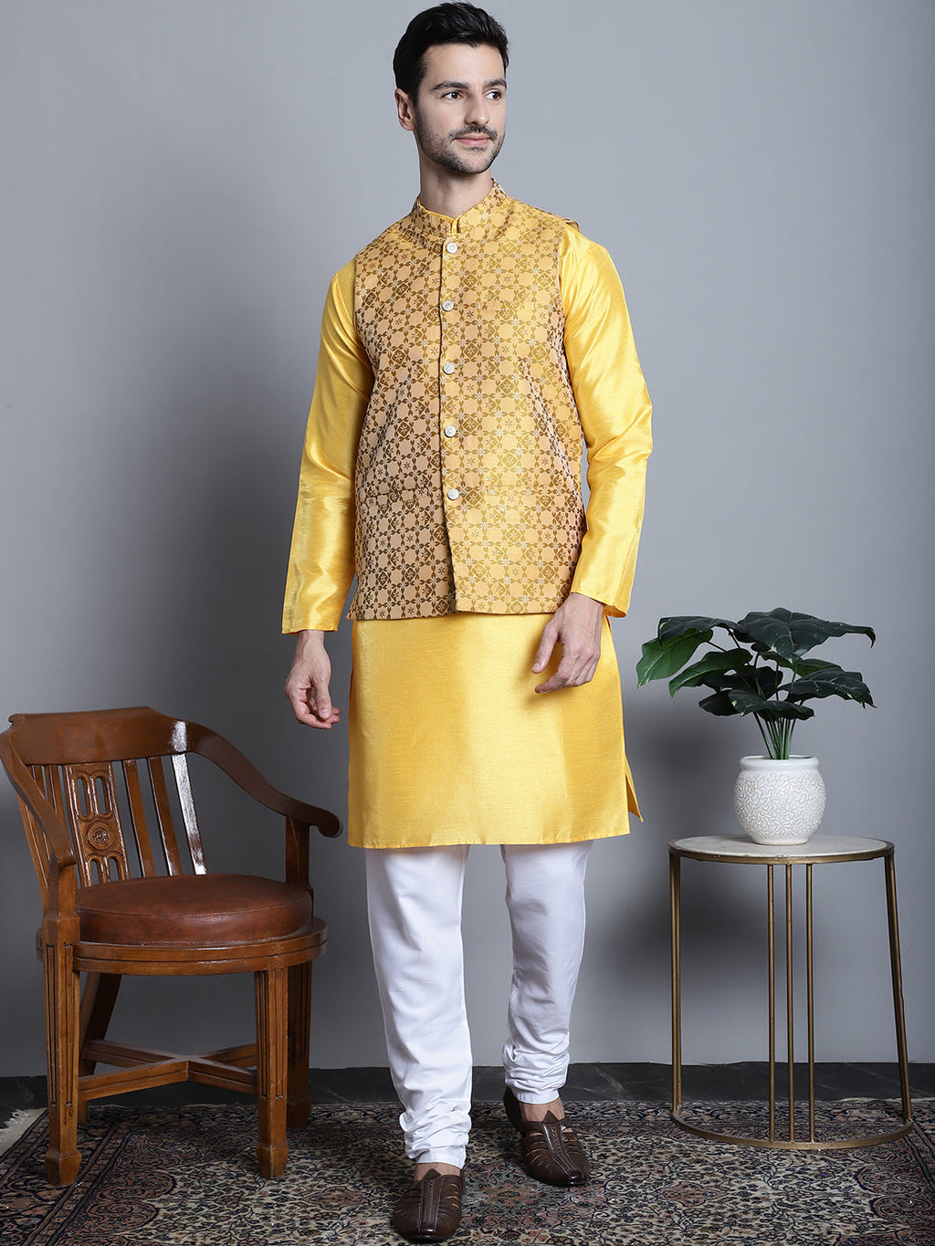 Jompers Men's Woven Design Nehru Jacket - Mustard | Grocsy