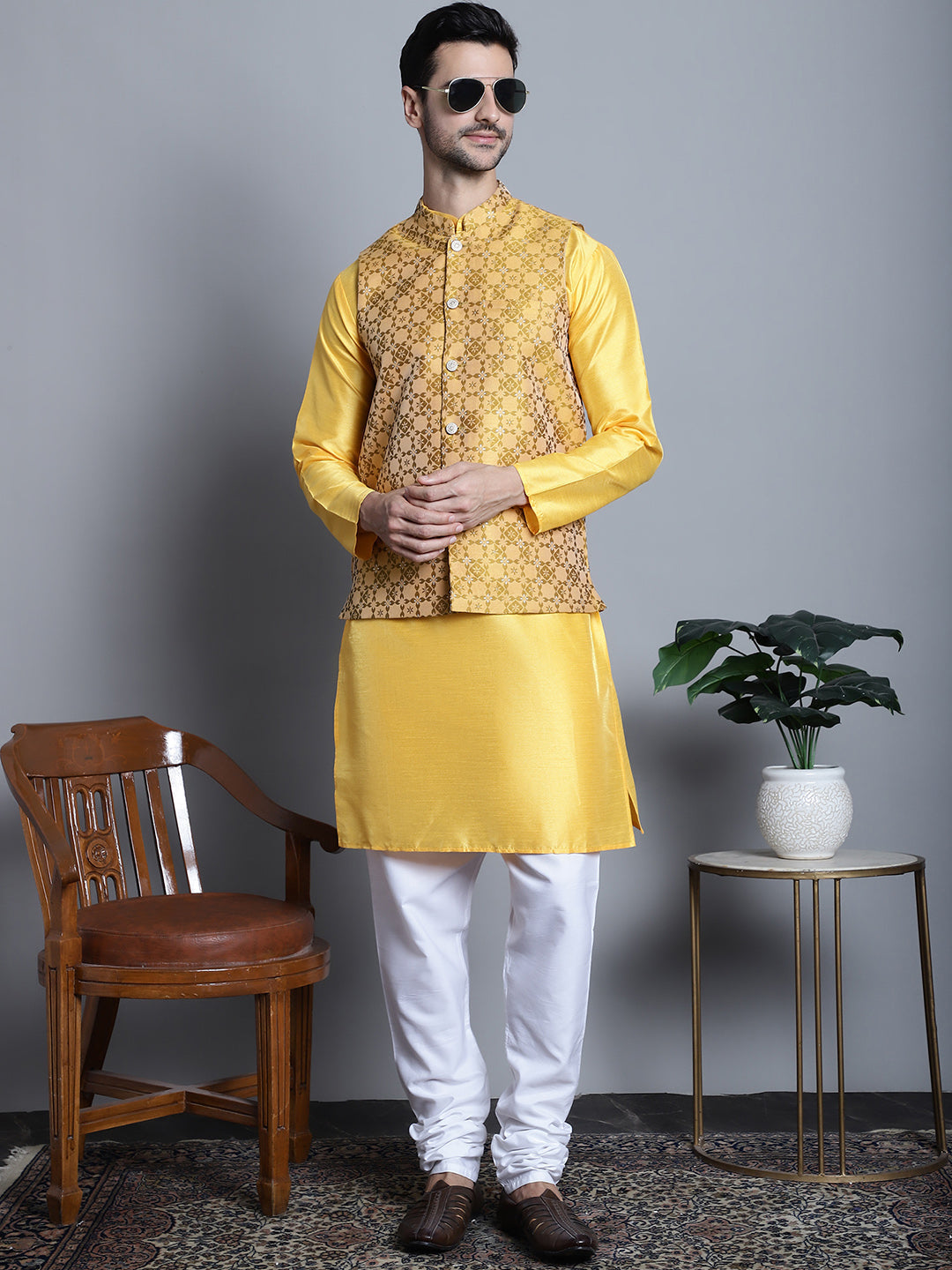 Jompers Men's Woven Design Nehru Jacket - Mustard | Grocsy