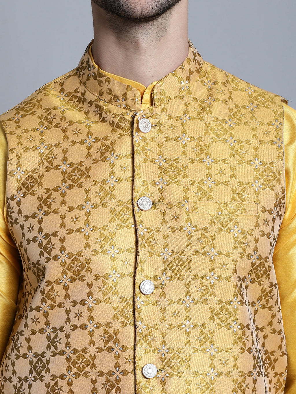 Jompers Men's Woven Design Nehru Jacket - Mustard | Grocsy