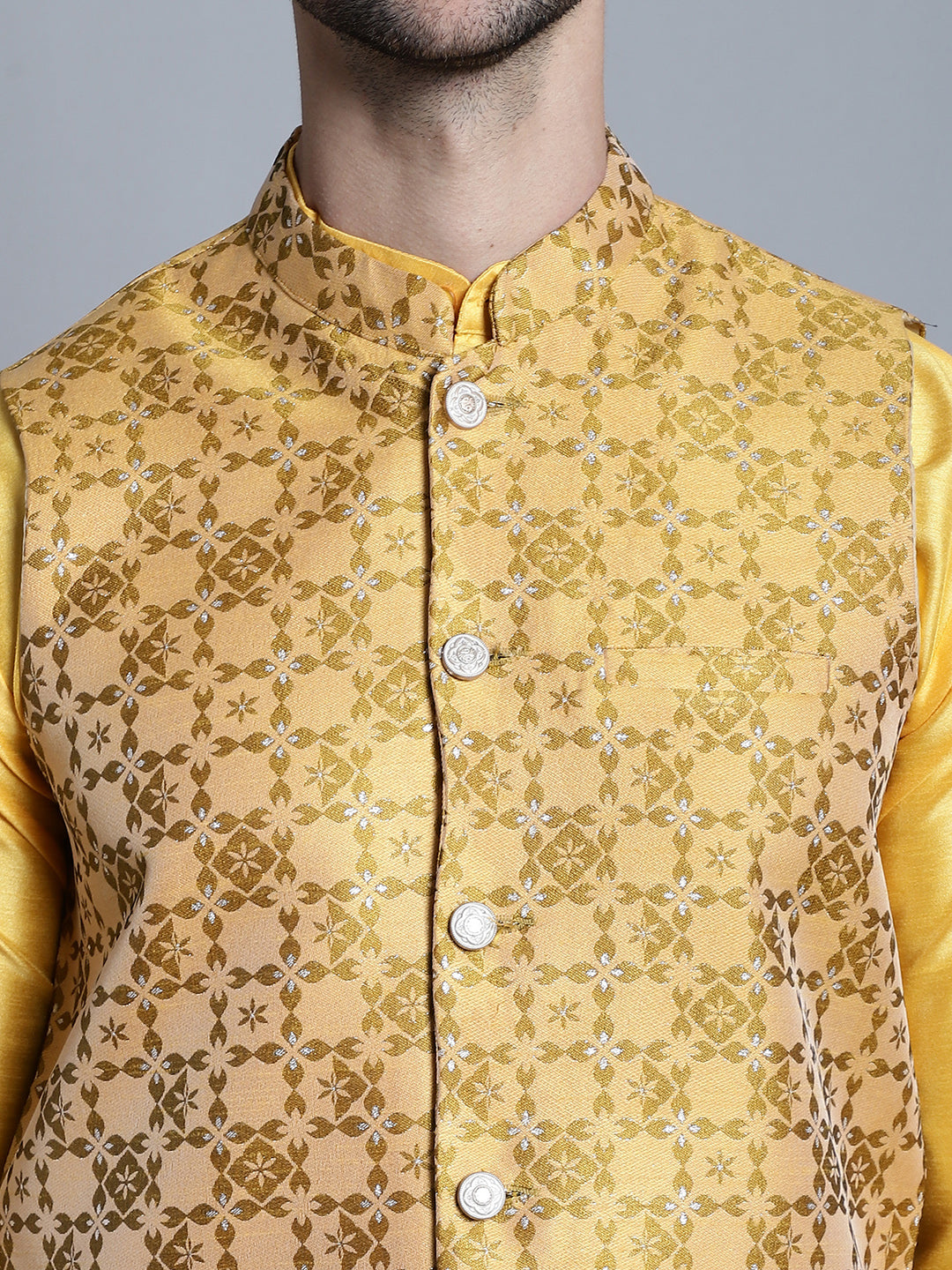 Jompers Men's Woven Design Nehru Jacket - Mustard | Grocsy