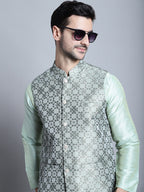 Jompers Men's Woven Design Nehru Jacket - Pista | Grocsy
