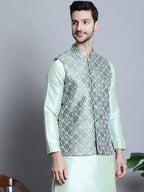 Jompers Men's Woven Design Nehru Jacket - Pista | Grocsy