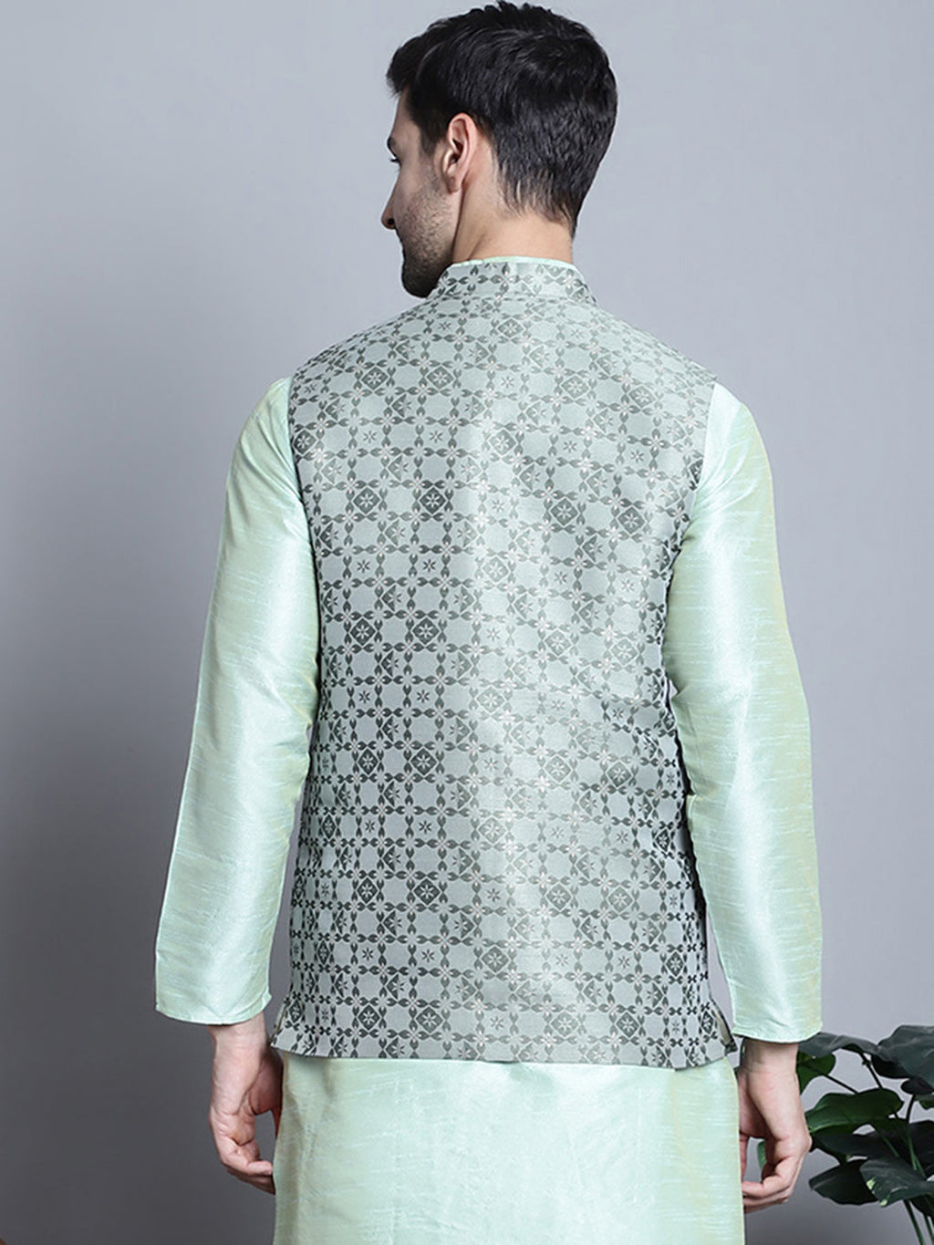 Jompers Men's Woven Design Nehru Jacket - Pista | Grocsy