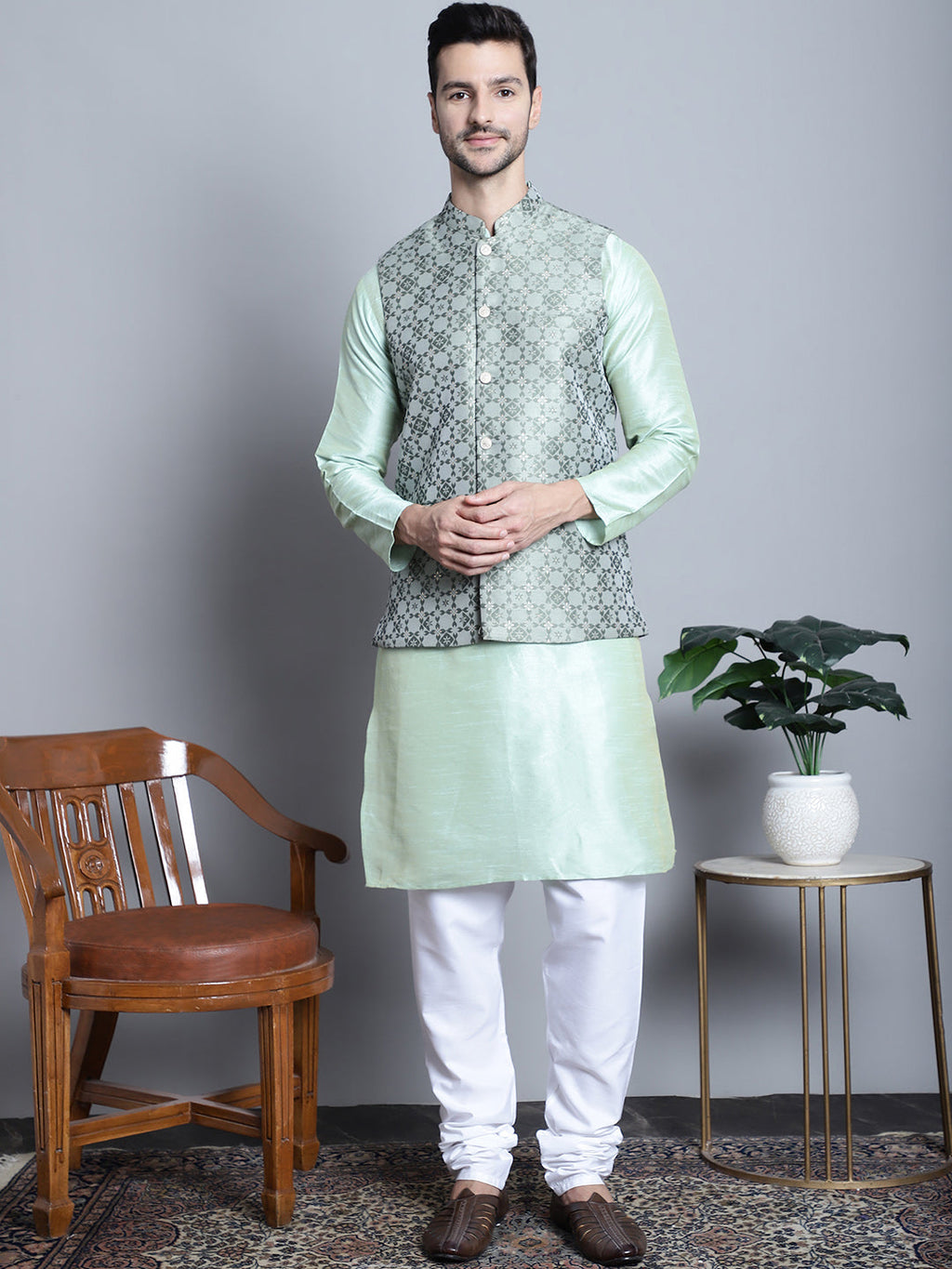 Jompers Men's Woven Design Nehru Jacket - Pista | Grocsy