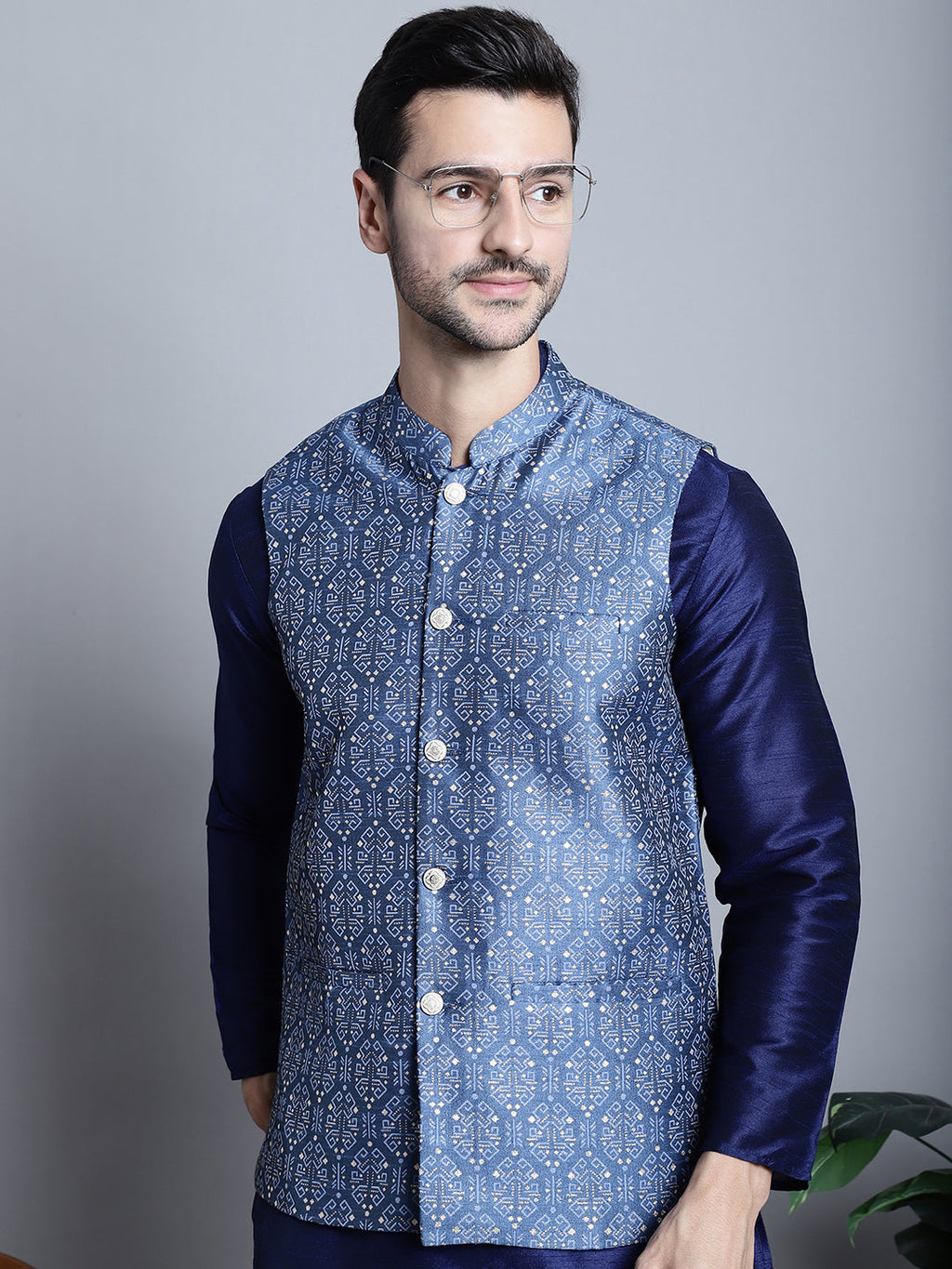 Jompers Men's Printed Nehru Jacket - Blue | Grocsy