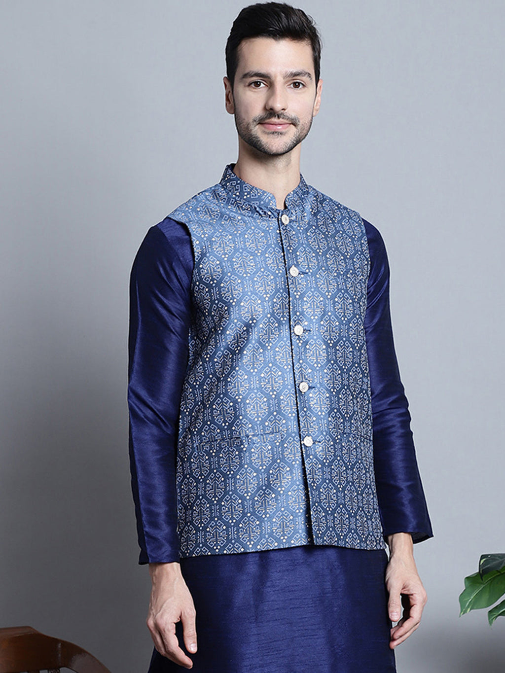 Jompers Men's Printed Nehru Jacket - Blue | Grocsy