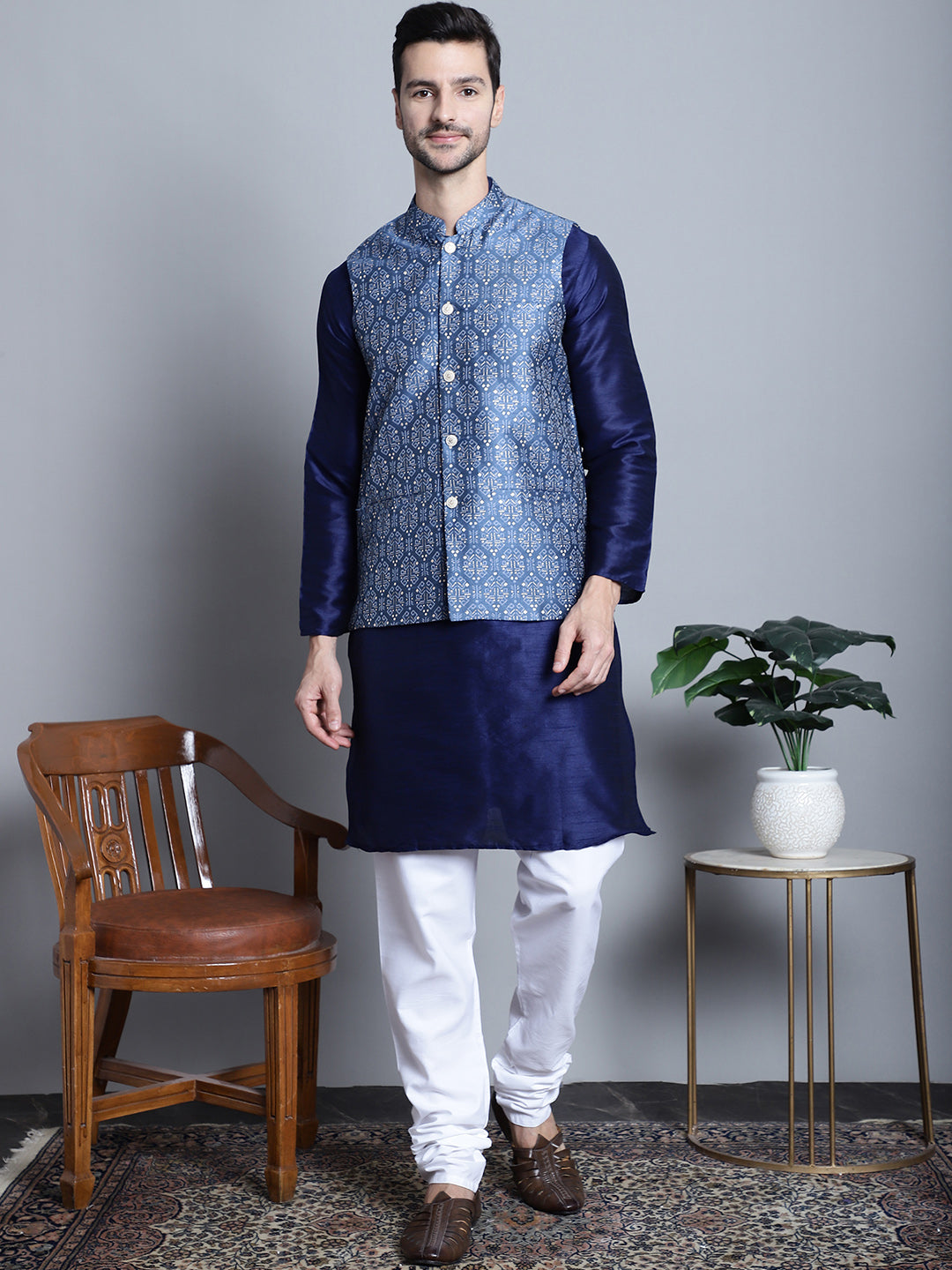 Jompers Men's Printed Nehru Jacket - Blue | Grocsy